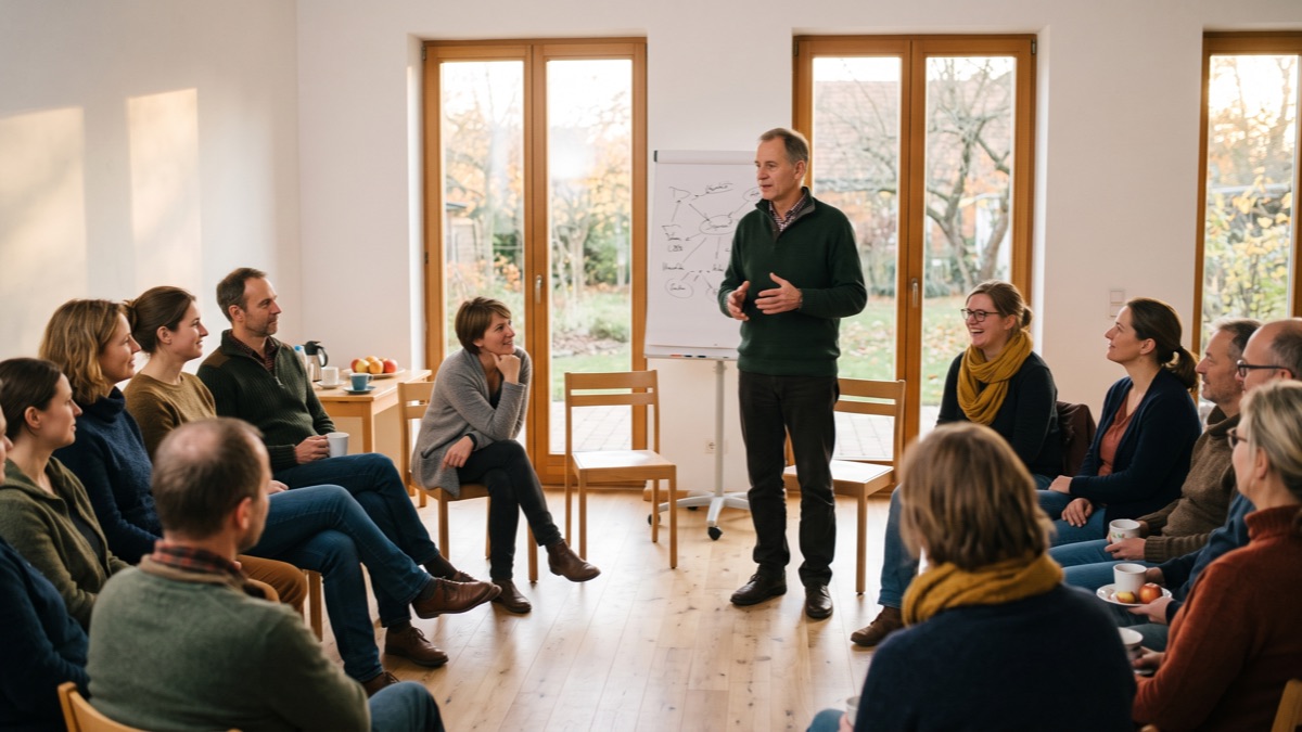 Heller Raum mit Herbstlicht durch große Fenster: Unternehmerinnen und Unternehmer sitzen im Halbkreis auf Holzstühlen und hören einem Referenten zu, der vor einem Flipchart steht und erklärt.